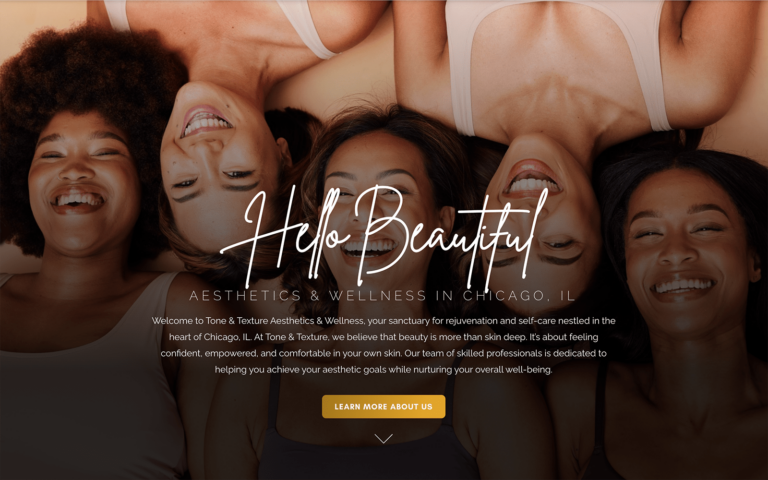 Five women lying side by side, smiling and looking up. Text overlay reads, "Hello Beautiful, Aesthetics & Wellness in Chicago, IL" along with a welcome message and a "Learn More About Us" button.